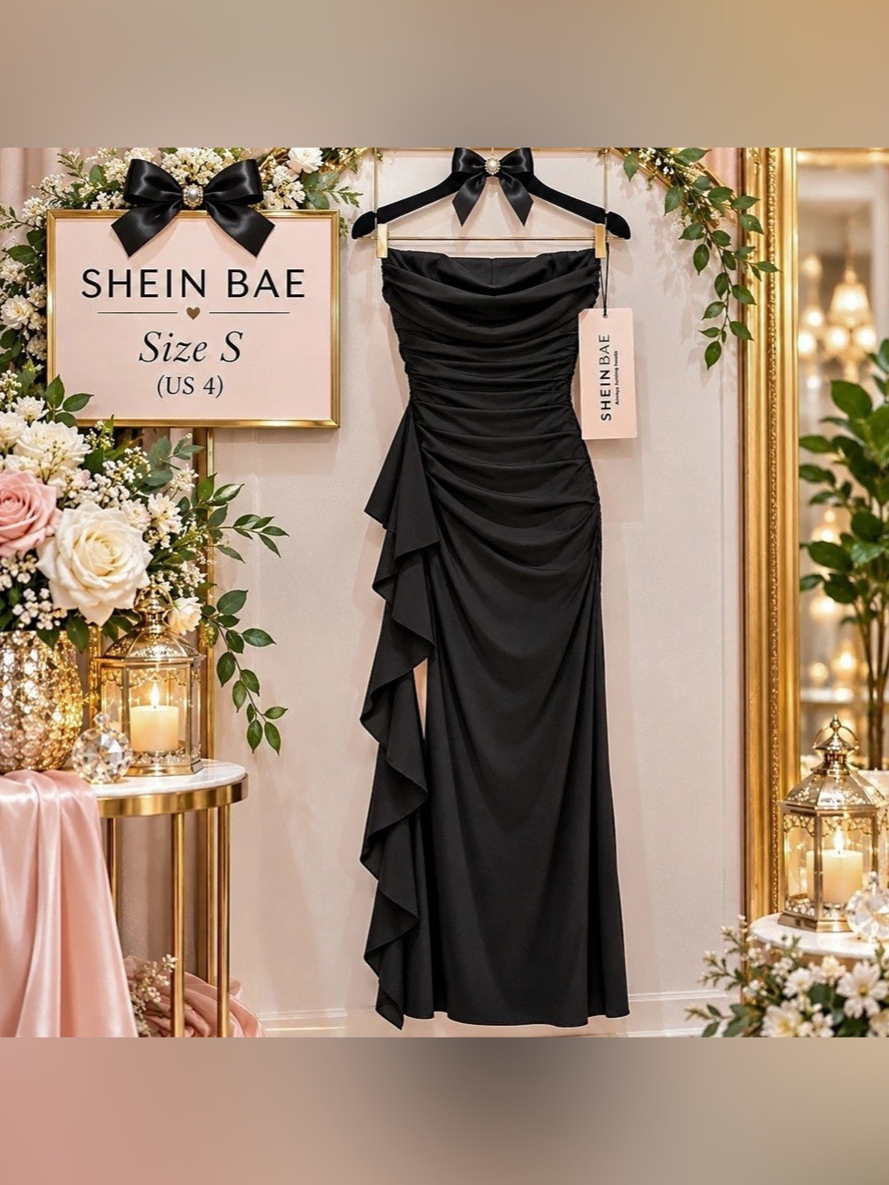 SHEIN BAE Black Strapless Ruched Ruffle Maxi Dress – Size S / US 4 – NWT
